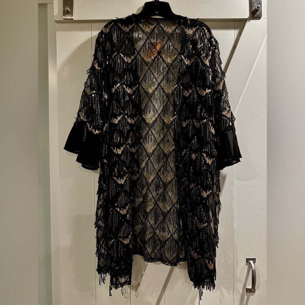 NWT BloomChic Sheer Black and Gold Sequined Duster - Picture 2 of 9